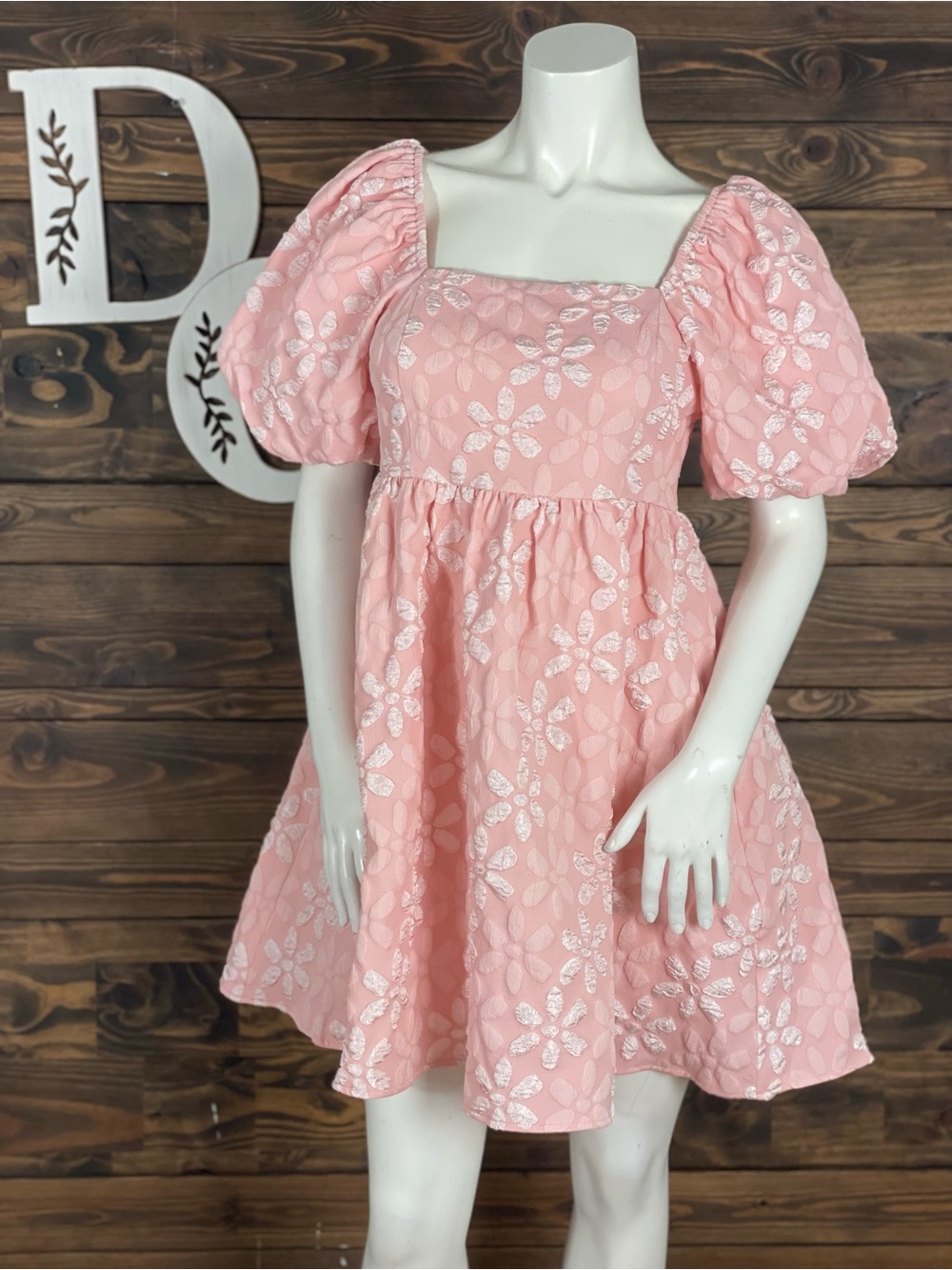 Bibi | Floral Embossed Pink Puff-Sleeve Floral Dress Satin Ruched Babydoll Dress